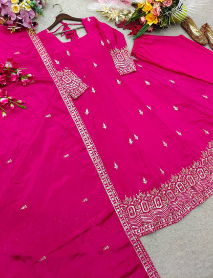 Designer Pure Chinon Silk Sequence Embroidery Gown, Pant & Dupatta Set