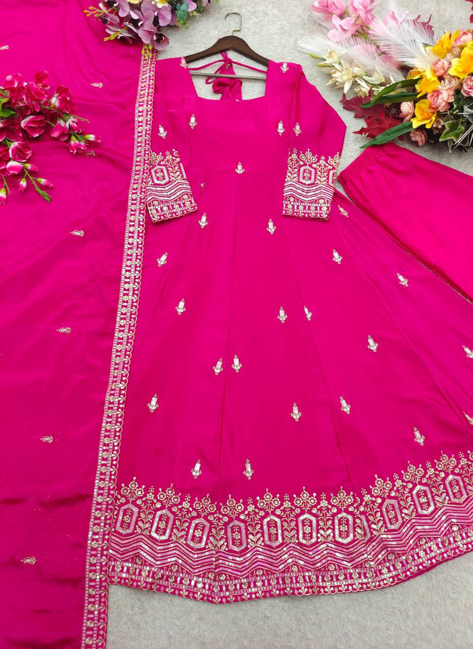 Designer Pure Chinon Silk Sequence Embroidery Gown, Pant & Dupatta Set