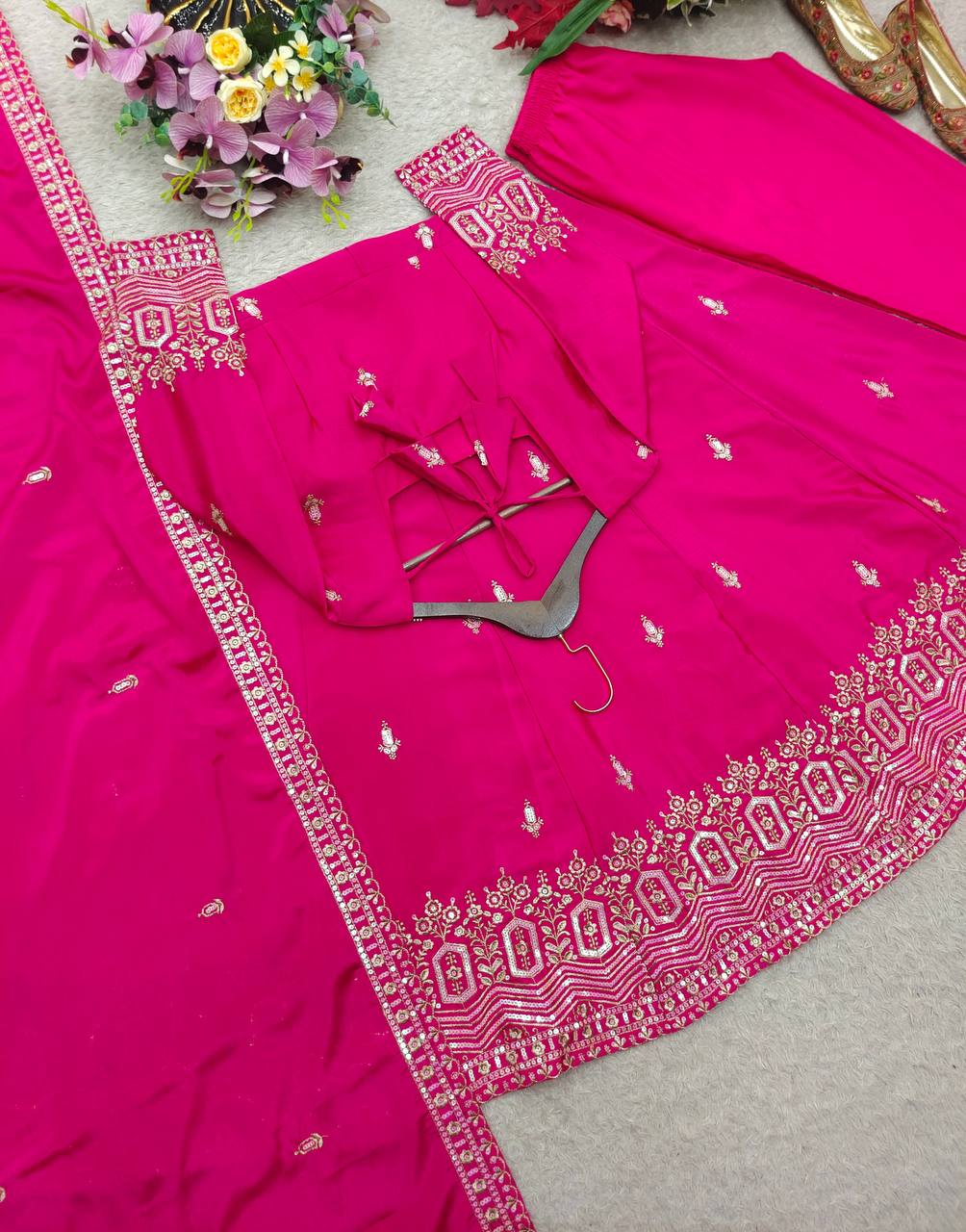 Designer Pure Chinon Silk Sequence Embroidery Gown, Pant & Dupatta Set