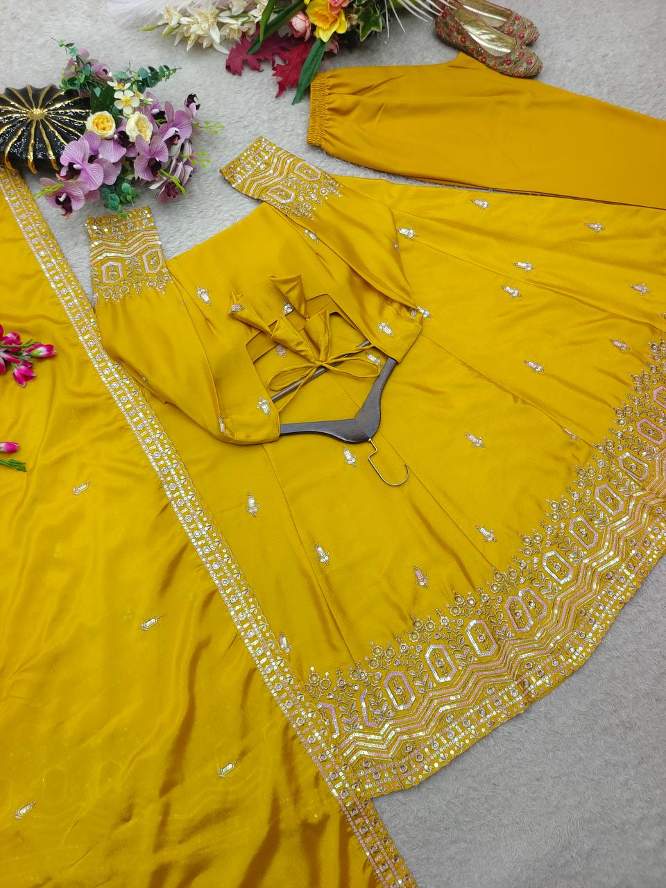 Designer Pure Chinon Silk Sequence Embroidery Gown, Pant & Dupatta Set