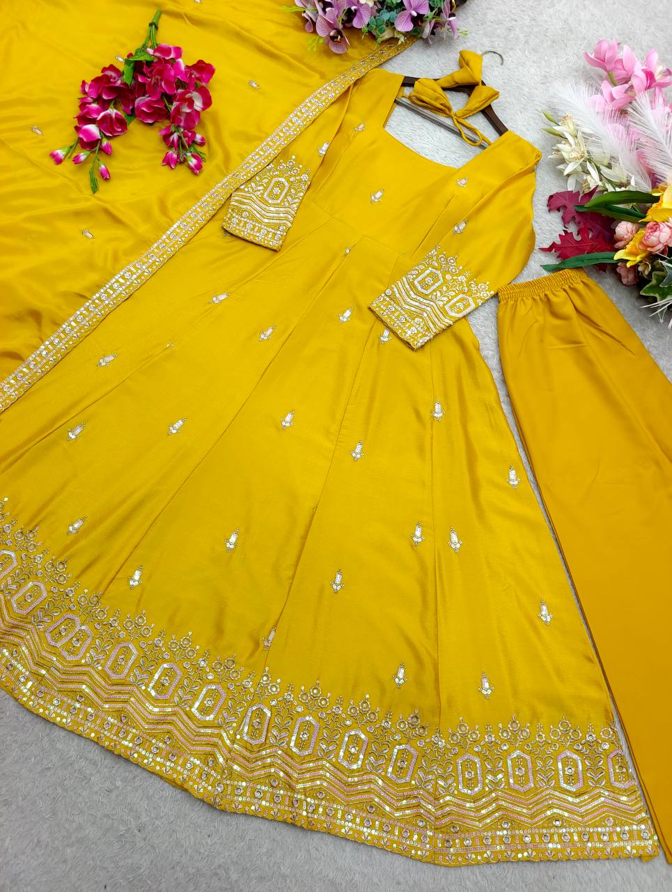 Designer Pure Chinon Silk Sequence Embroidery Gown, Pant & Dupatta Set