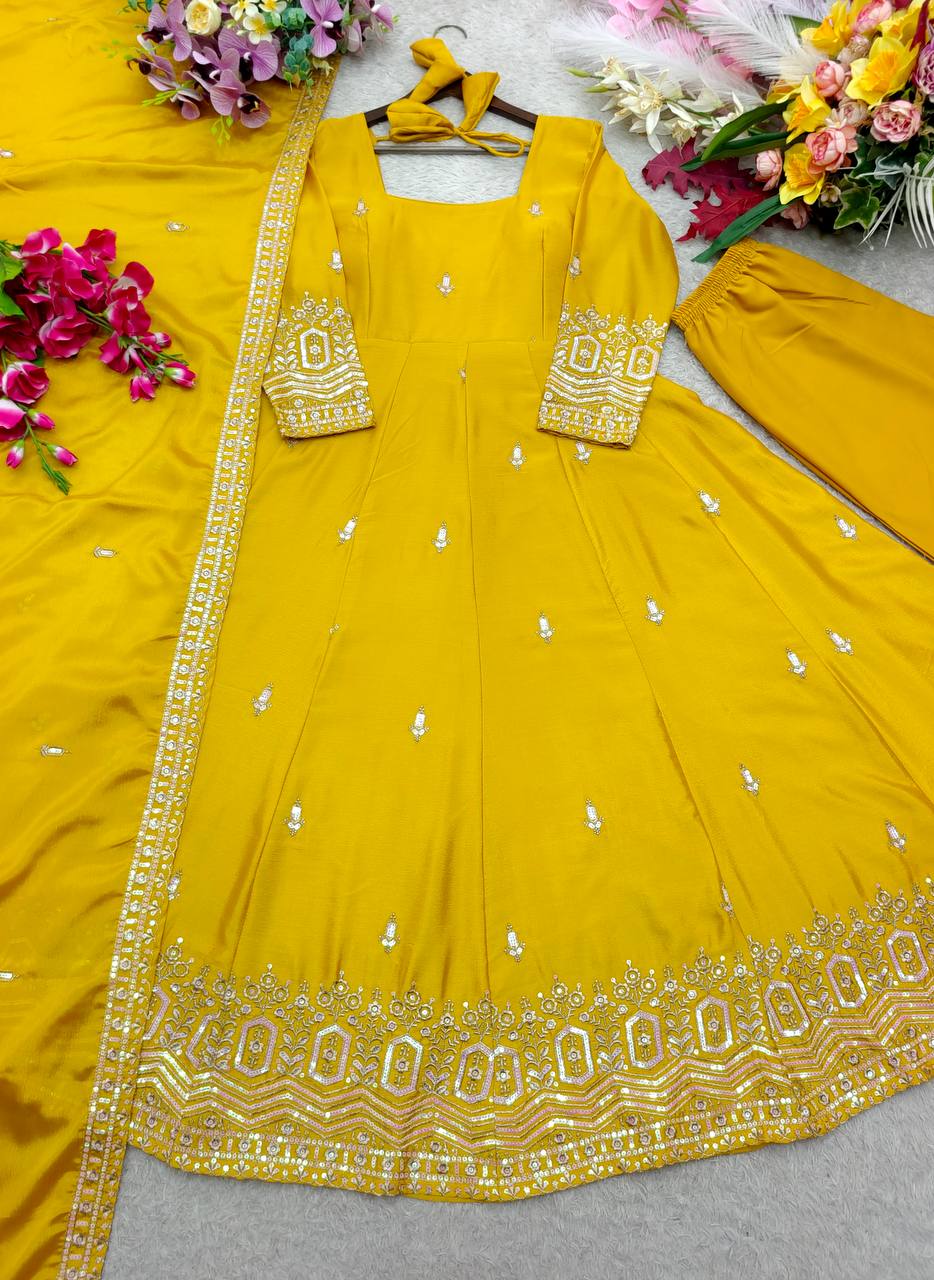 Designer Pure Chinon Silk Sequence Embroidery Gown, Pant & Dupatta Set