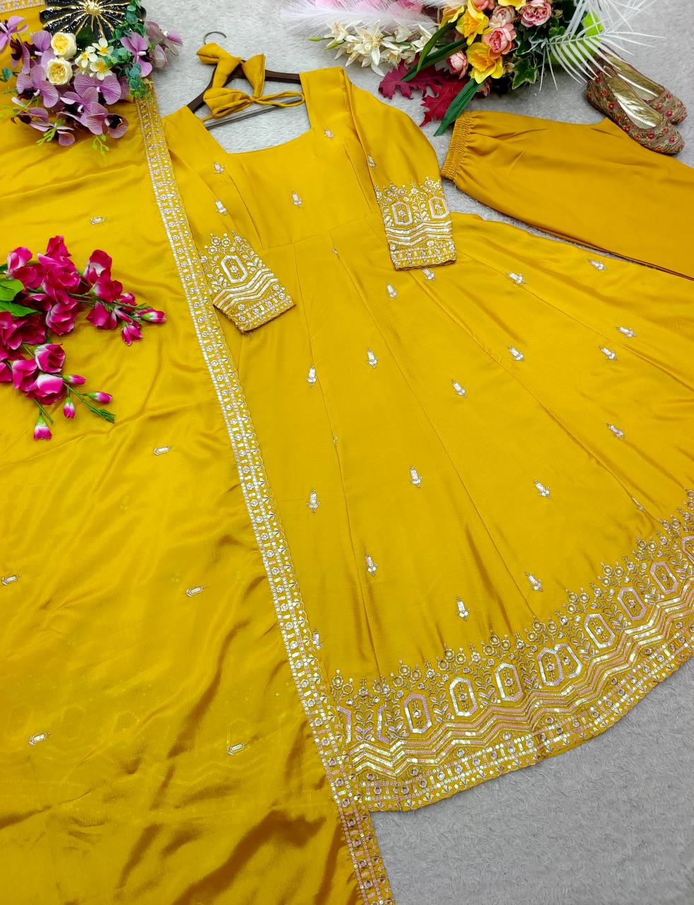 Designer Pure Chinon Silk Sequence Embroidery Gown, Pant & Dupatta Set