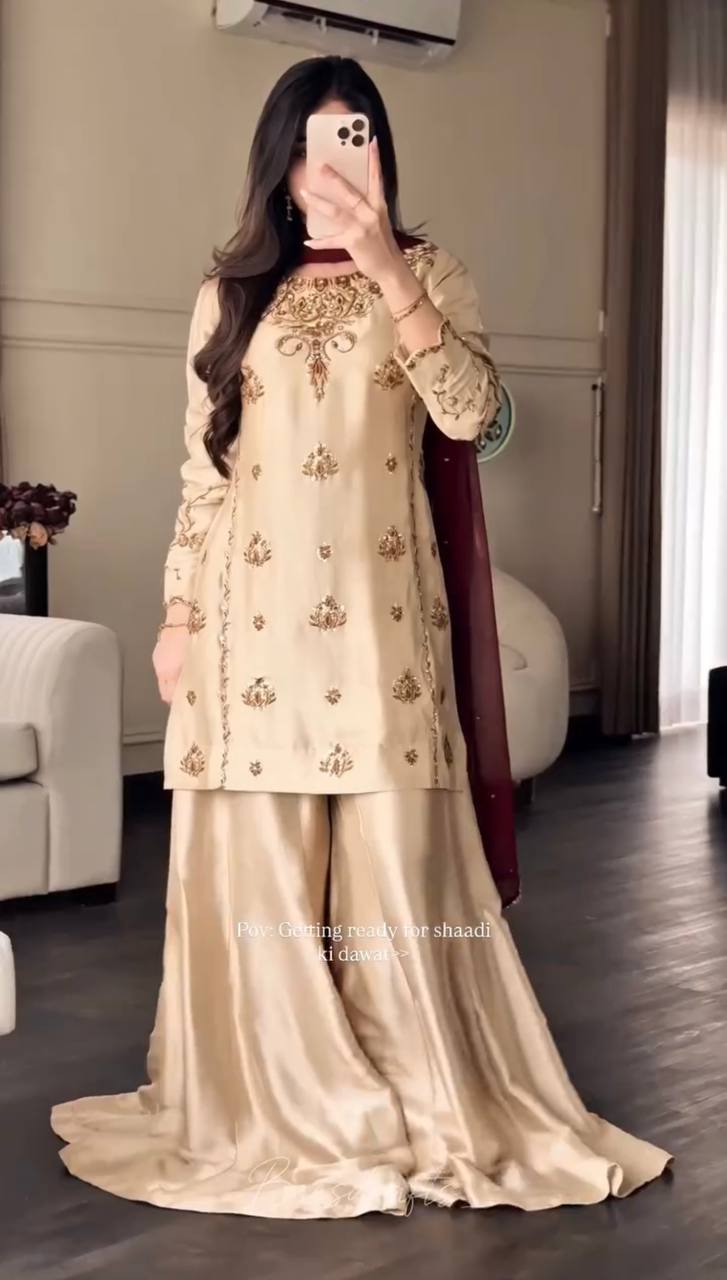 Designer Off-White Pure Natural Crepe Sequence Top & Sharara Set with Maroon Fox Georgette Dupatta