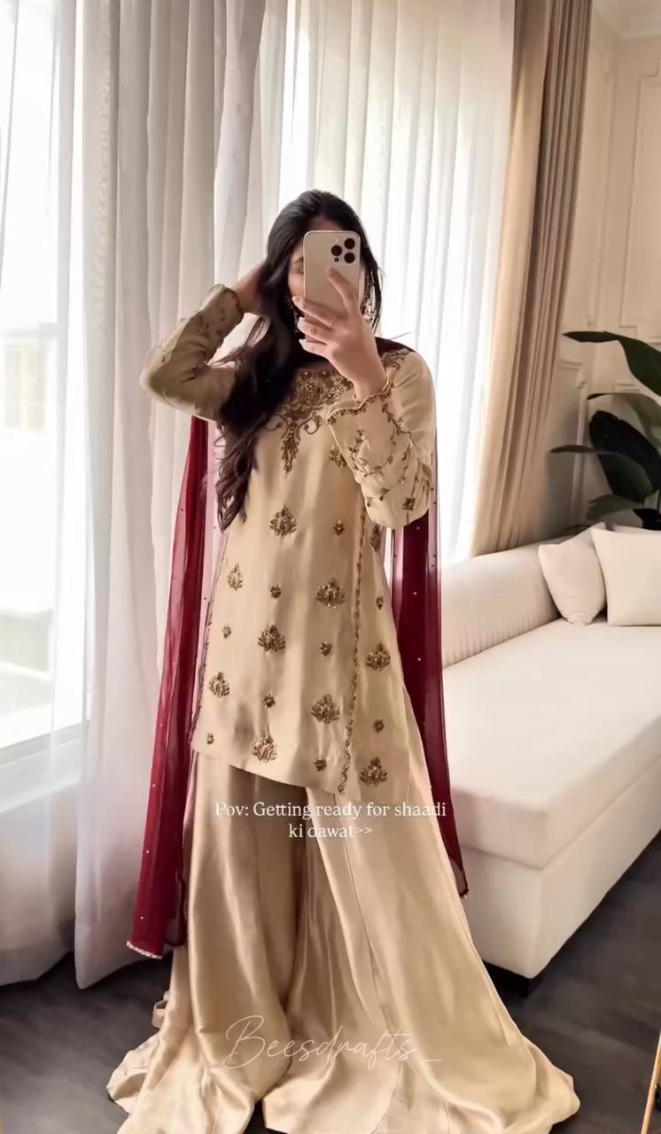 Designer Off-White Pure Natural Crepe Sequence Top & Sharara Set with Maroon Fox Georgette Dupatta