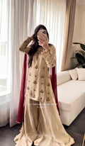 Designer Off-White Pure Natural Crepe Sequence Top & Sharara Set with Maroon Fox Georgette Dupatta