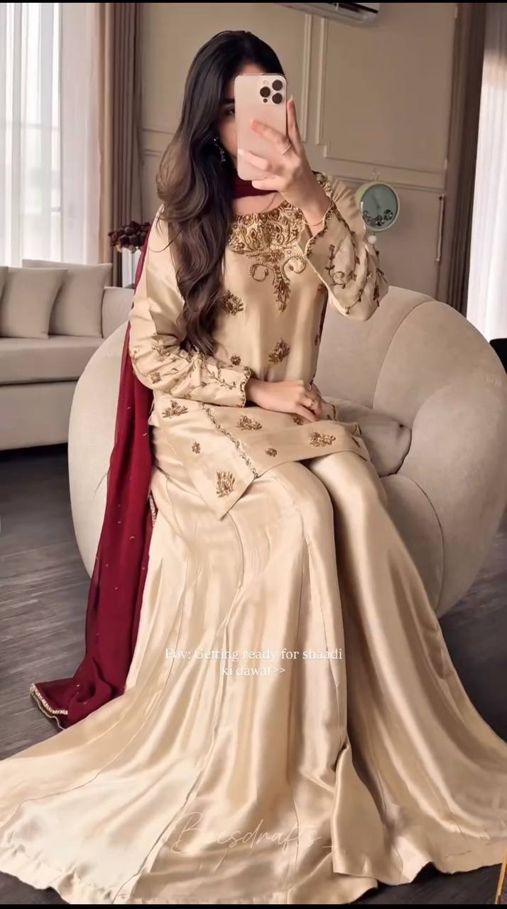 Designer Off-White Pure Natural Crepe Sequence Top & Sharara Set with Maroon Fox Georgette Dupatta
