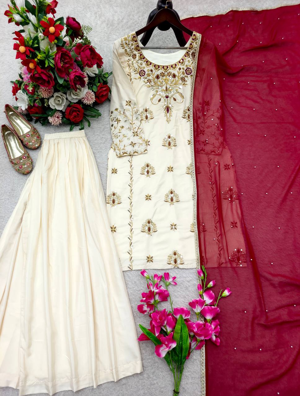 Designer Off-White Pure Natural Crepe Sequence Top & Sharara Set with Maroon Fox Georgette Dupatta