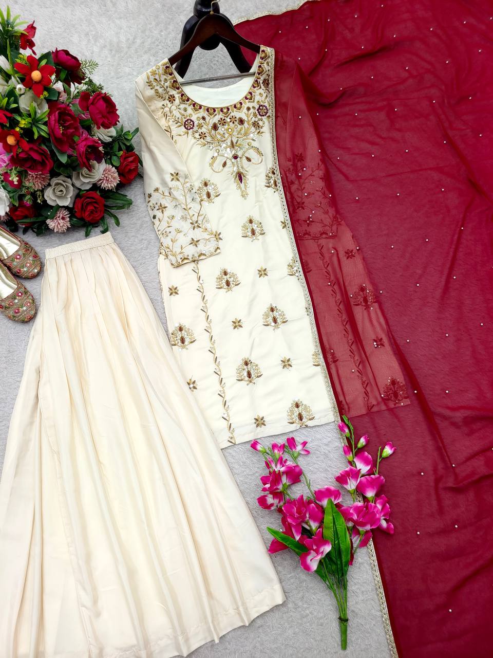 Designer Off-White Pure Natural Crepe Sequence Top & Sharara Set with Maroon Fox Georgette Dupatta