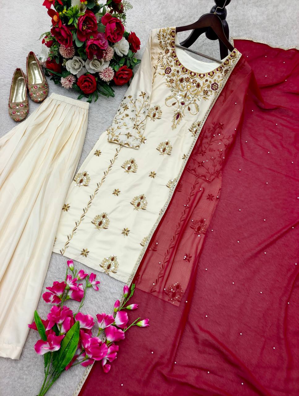 Designer Off-White Pure Natural Crepe Sequence Top & Sharara Set with Maroon Fox Georgette Dupatta
