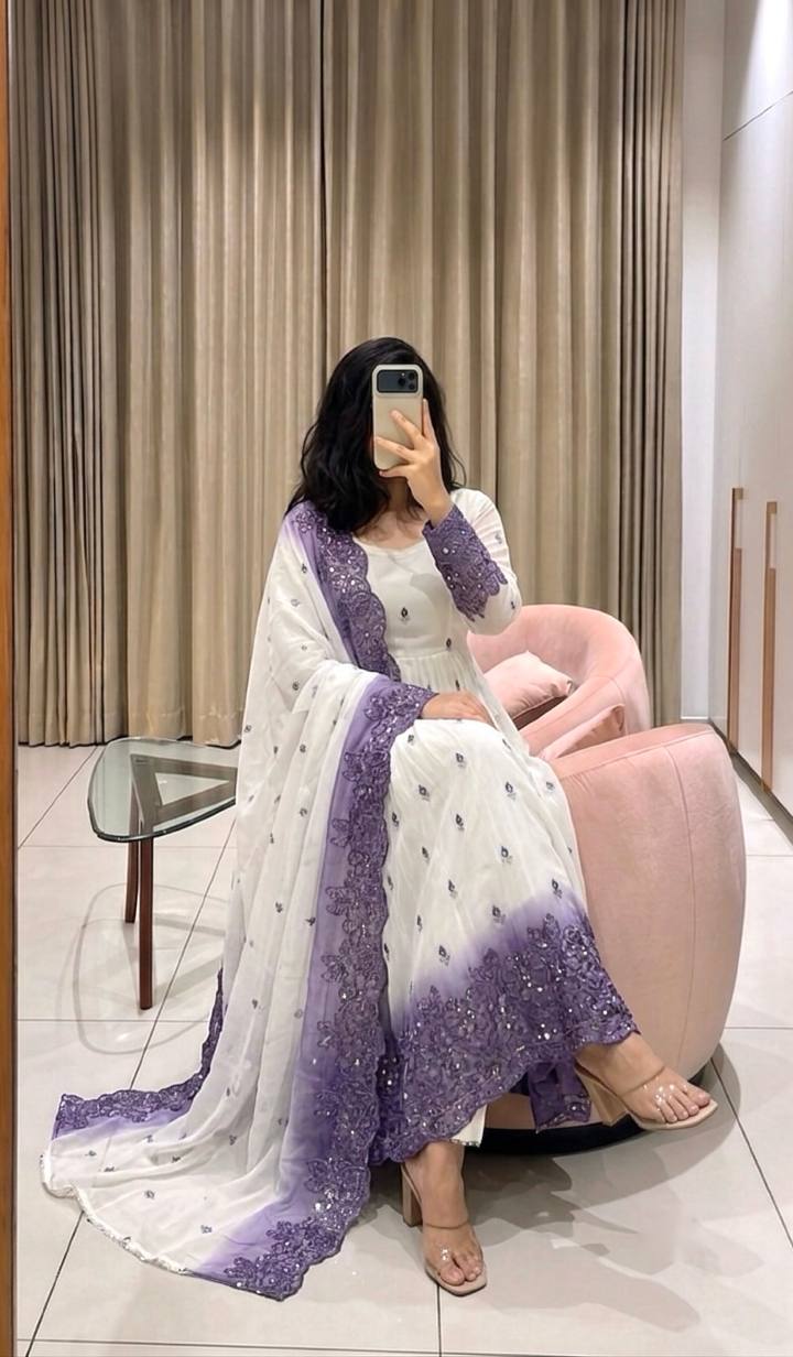 Designer Pure Two-Tone Star Georgette Sequence & Real Mirror Work Gown, Pant & Dupatta Set