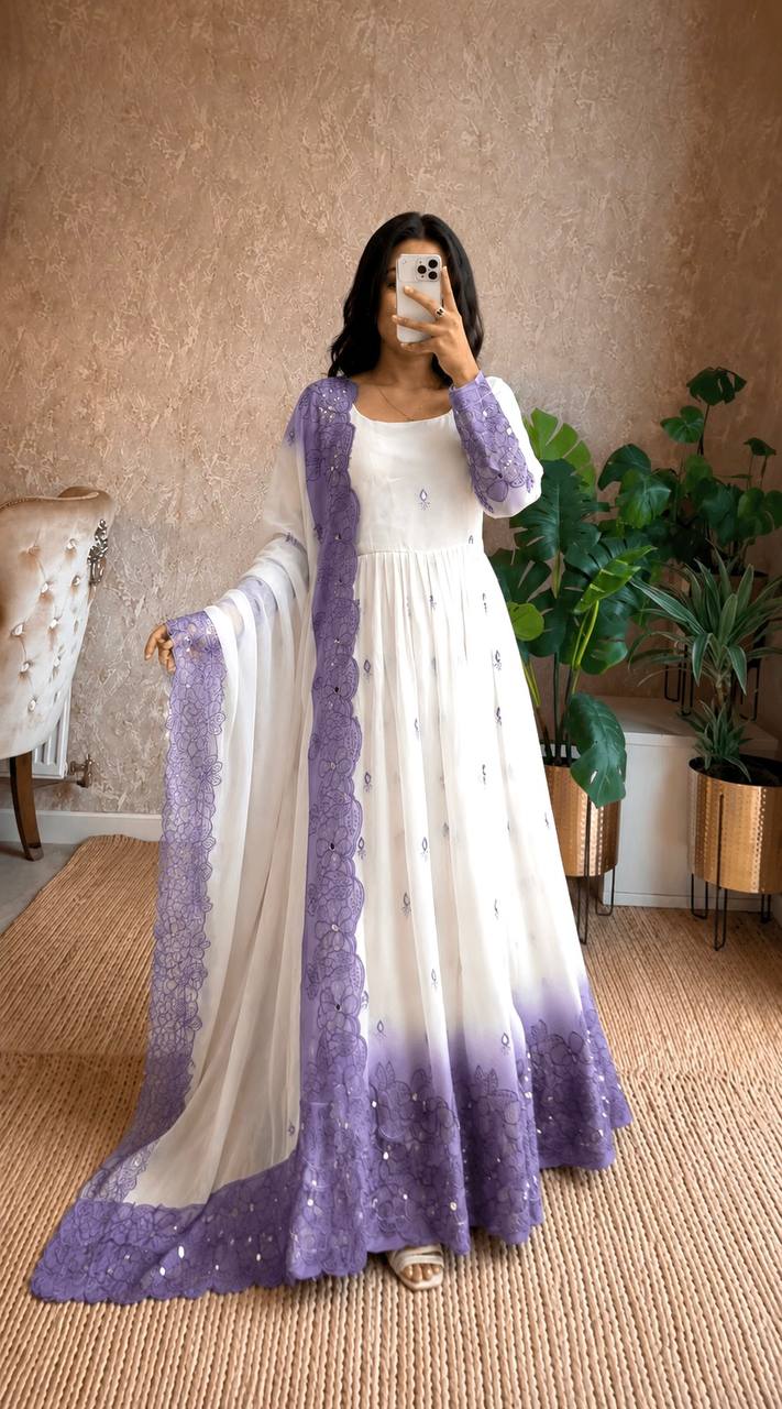 Designer Pure Two-Tone Star Georgette Sequence & Real Mirror Work Gown, Pant & Dupatta Set