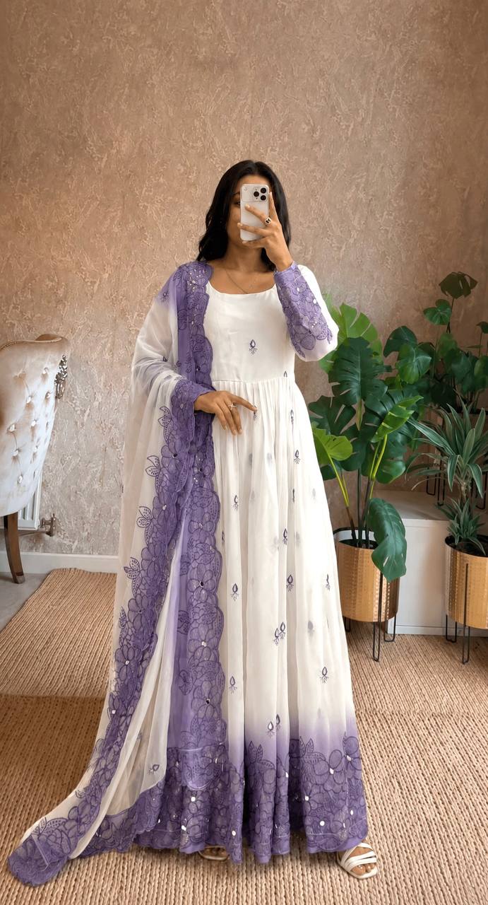 Designer Pure Two-Tone Star Georgette Sequence & Real Mirror Work Gown, Pant & Dupatta Set