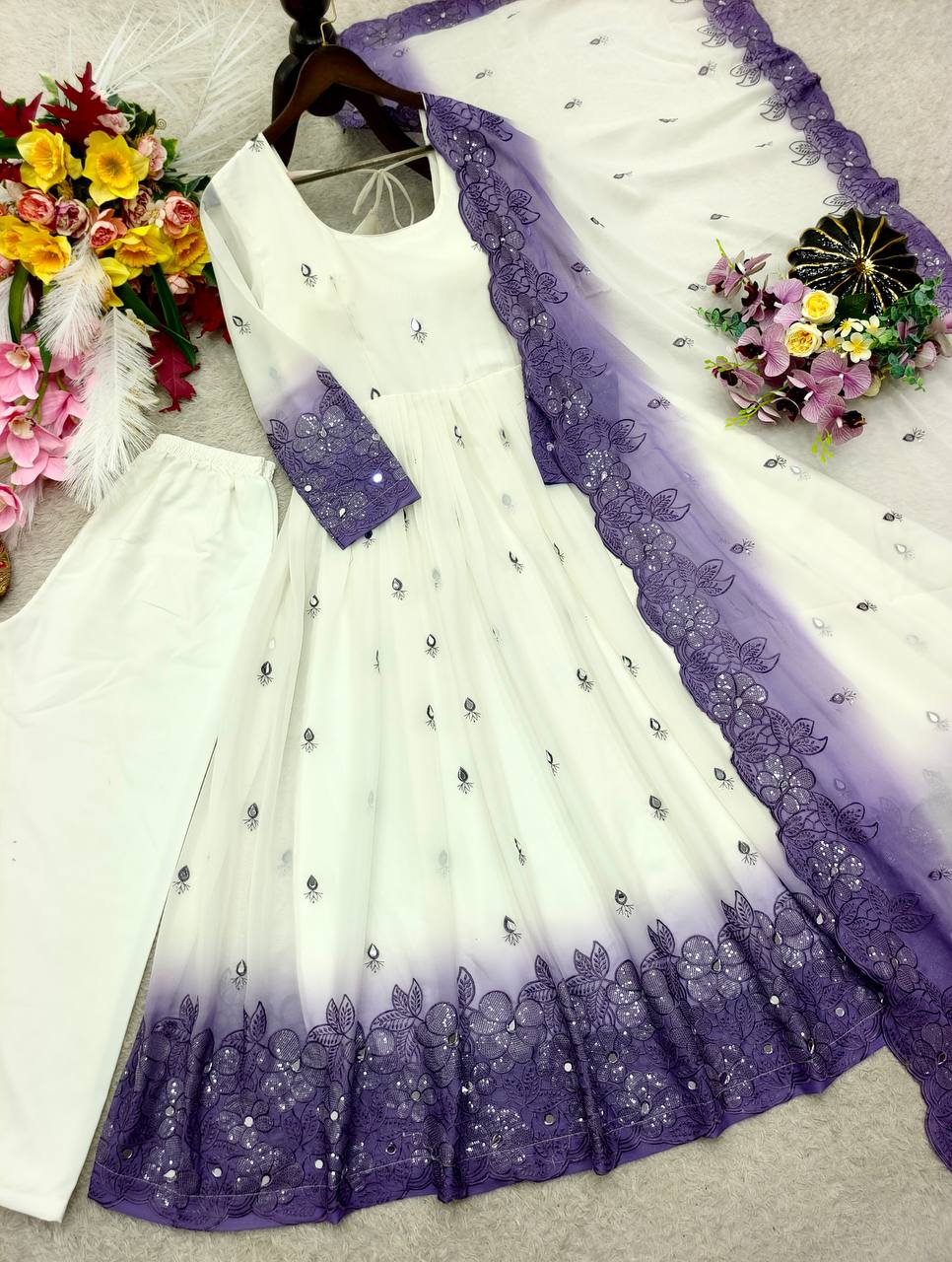 Designer Pure Two-Tone Star Georgette Sequence & Real Mirror Work Gown, Pant & Dupatta Set
