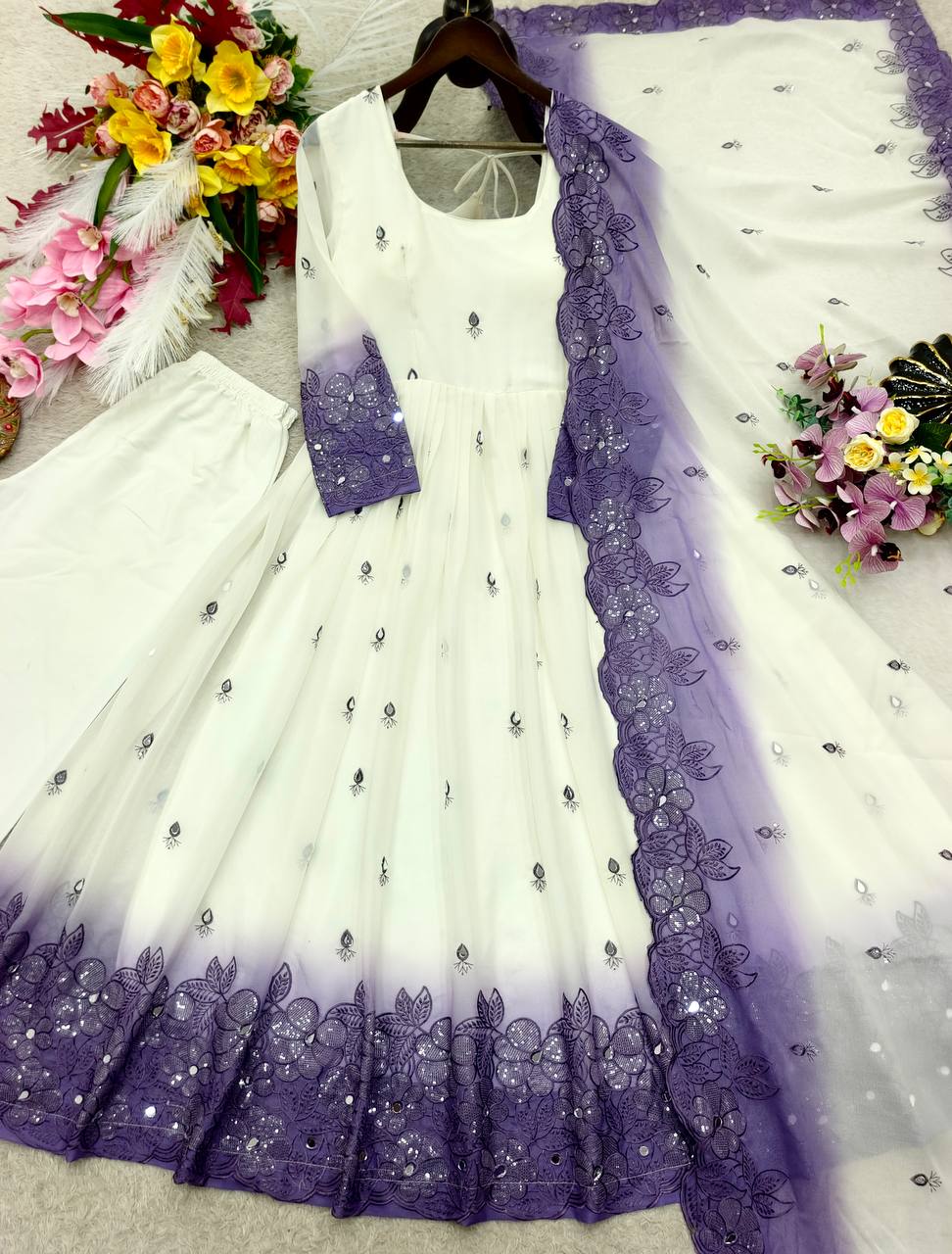 Designer Pure Two-Tone Star Georgette Sequence & Real Mirror Work Gown, Pant & Dupatta Set