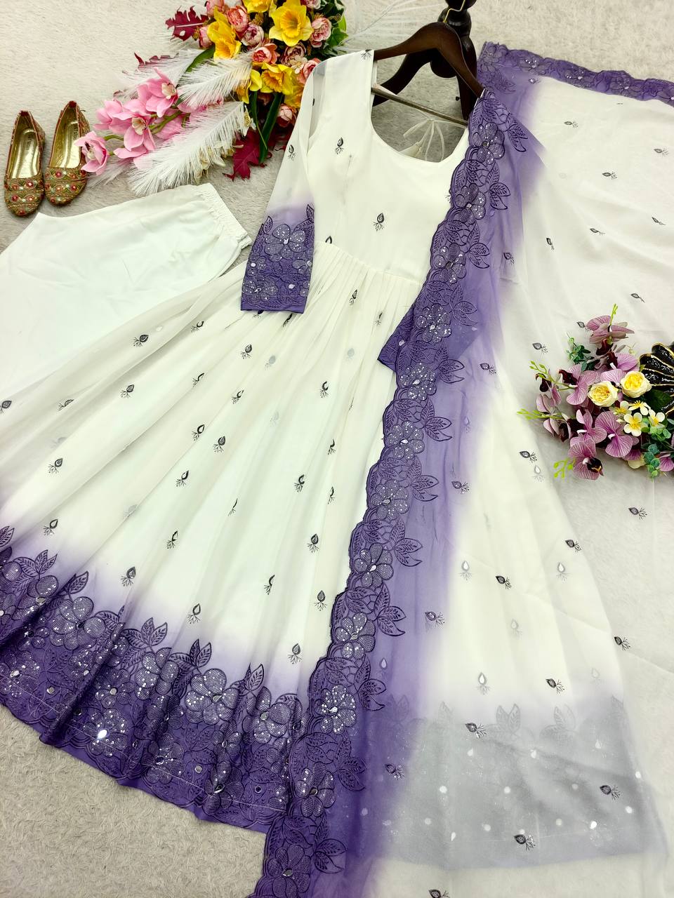 Designer Pure Two-Tone Star Georgette Sequence & Real Mirror Work Gown, Pant & Dupatta Set