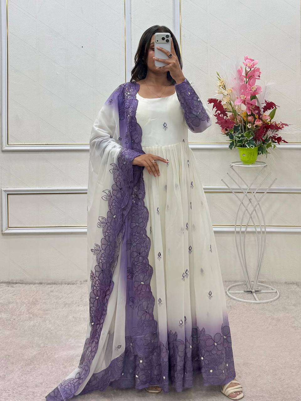 Designer Pure Two-Tone Star Georgette Sequence & Real Mirror Work Gown, Pant & Dupatta Set
