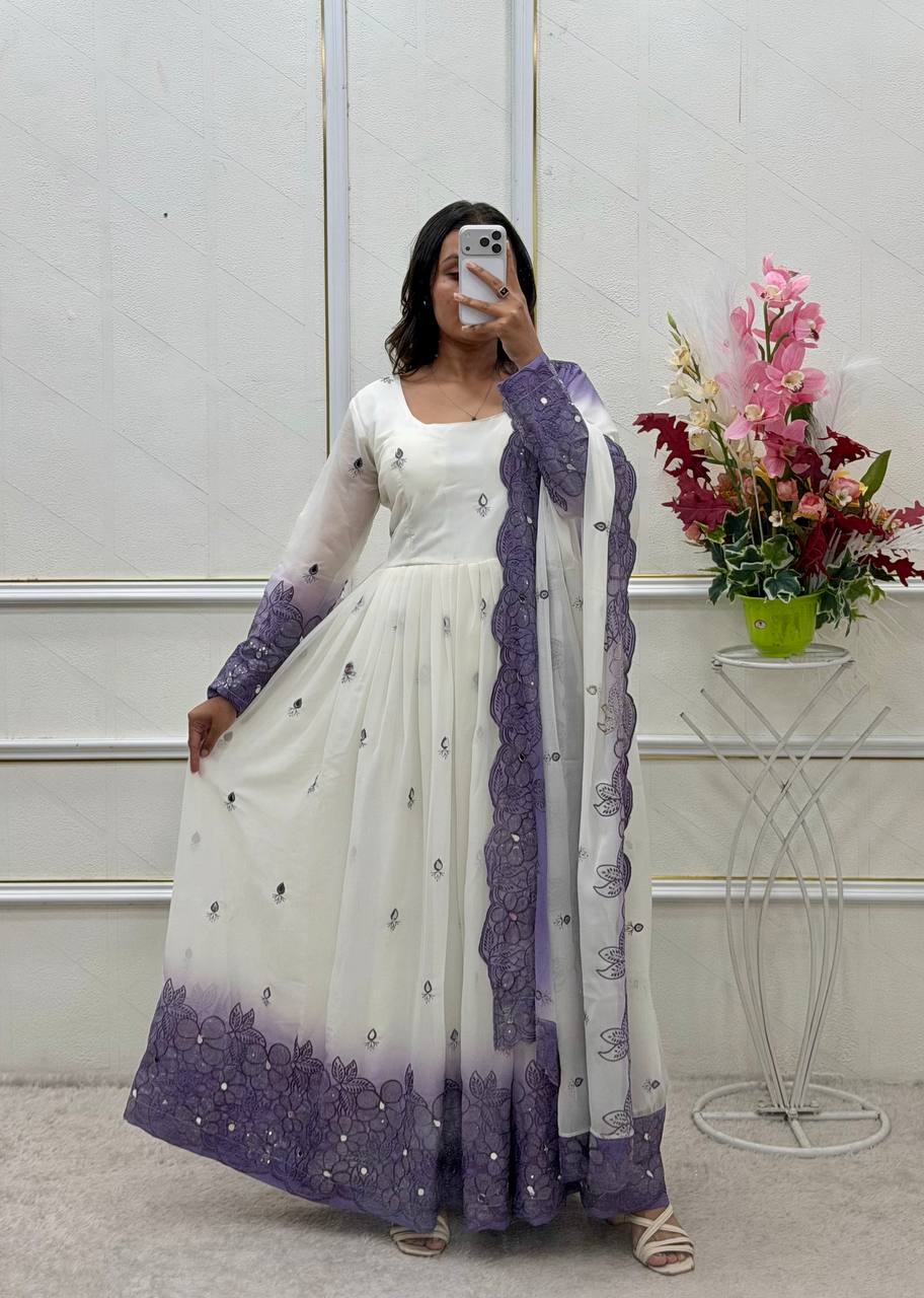Designer Pure Two-Tone Star Georgette Sequence & Real Mirror Work Gown, Pant & Dupatta Set
