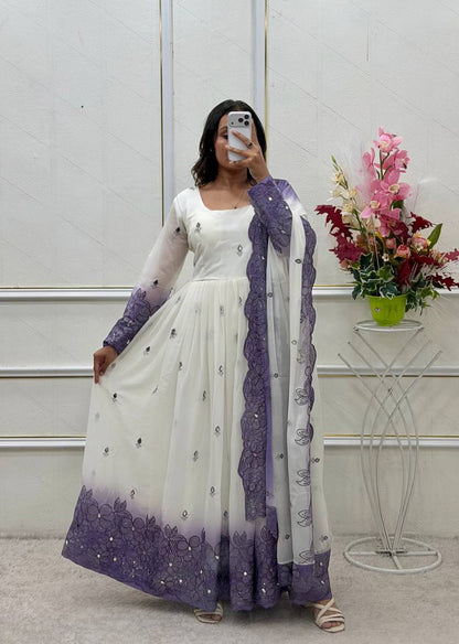 Designer Pure Two-Tone Star Georgette Sequence & Real Mirror Work Gown, Pant & Dupatta Set