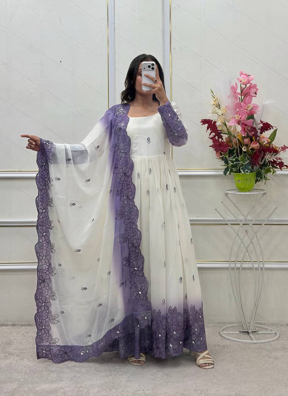 Designer Pure Two-Tone Star Georgette Sequence & Real Mirror Work Gown, Pant & Dupatta Set