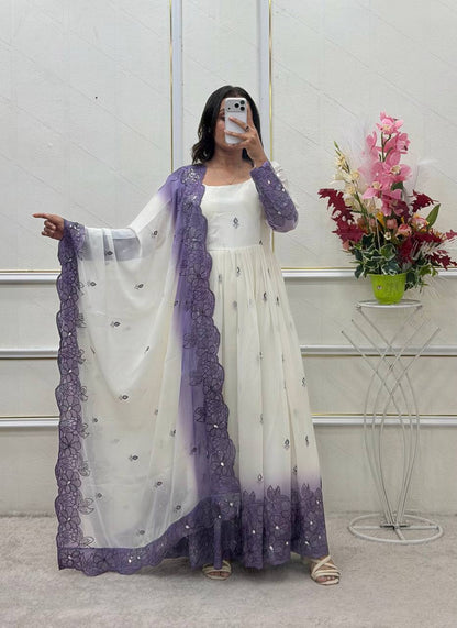 Designer Pure Two-Tone Star Georgette Sequence & Real Mirror Work Gown, Pant & Dupatta Set