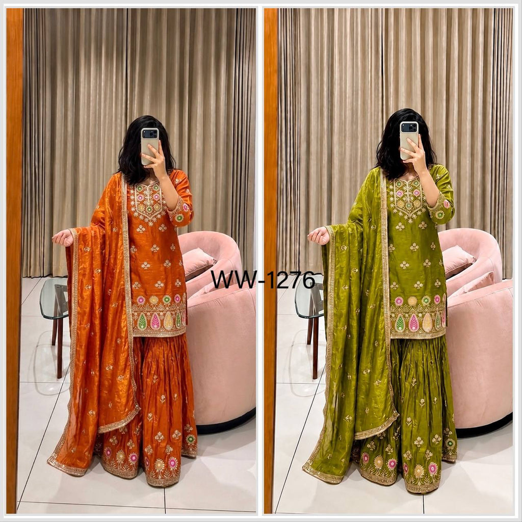 Designer Pure Fendy Silk Sequence Embroidery Work Top, Sharara & Dupatta Set