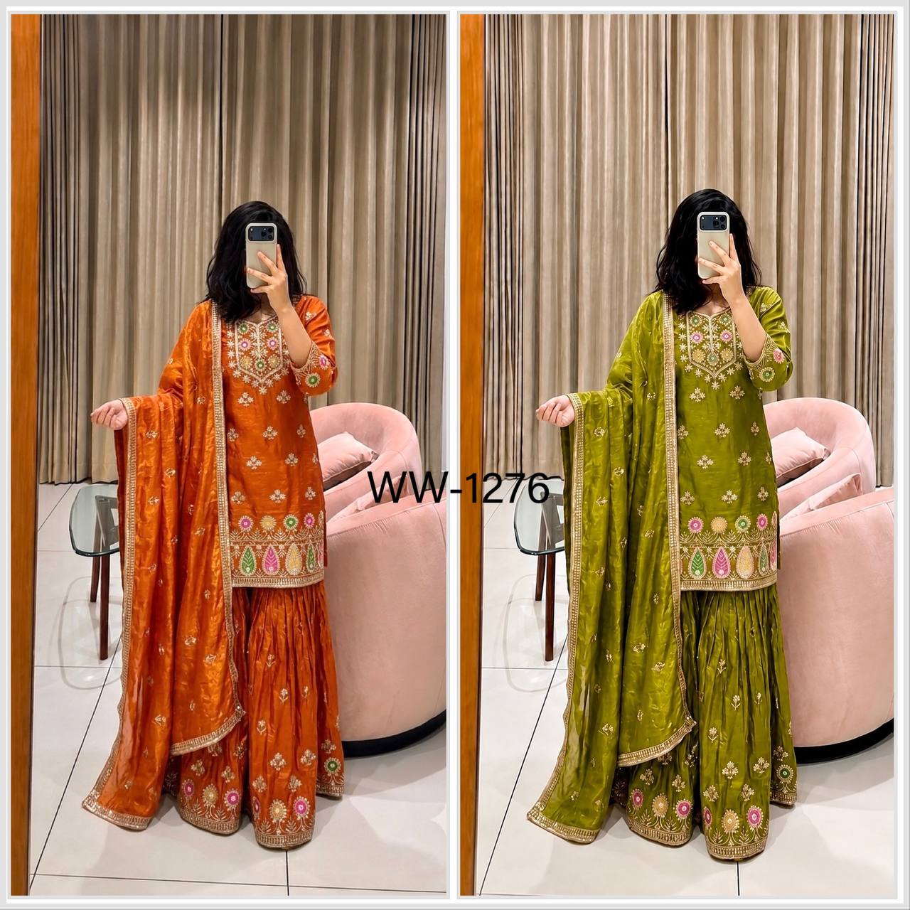Designer Pure Fendy Silk Sequence Embroidery Work Top, Sharara & Dupatta Set