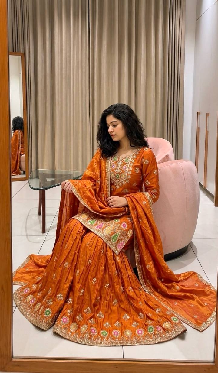 Designer Pure Fendy Silk Sequence Embroidery Work Top, Sharara & Dupatta Set