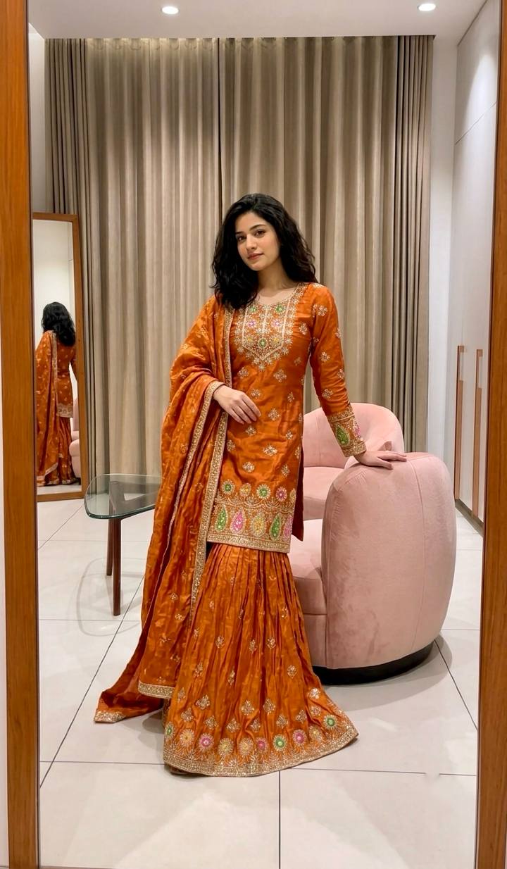 Designer Pure Fendy Silk Sequence Embroidery Work Top, Sharara & Dupatta Set