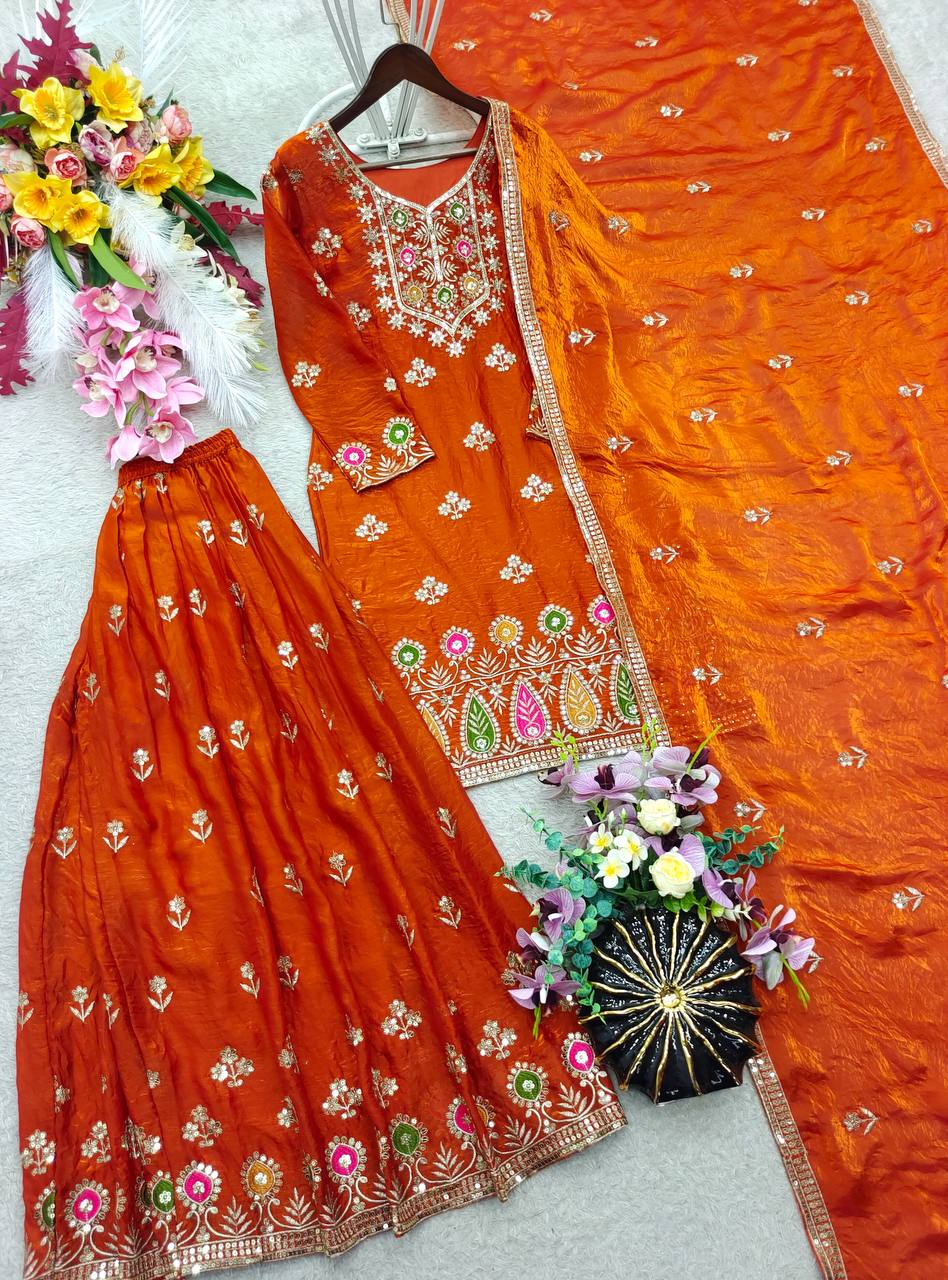 Designer Pure Fendy Silk Sequence Embroidery Work Top, Sharara & Dupatta Set