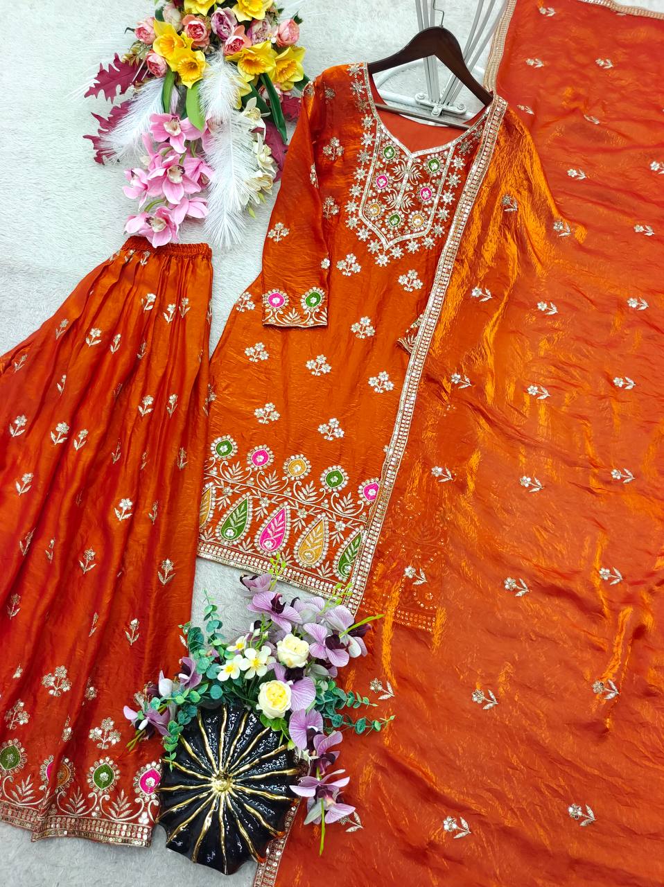 Designer Pure Fendy Silk Sequence Embroidery Work Top, Sharara & Dupatta Set