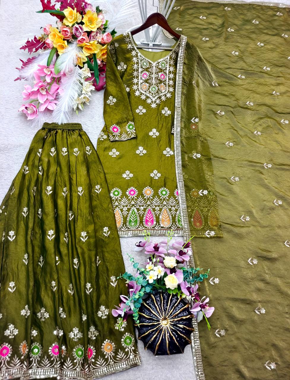 Designer Pure Fendy Silk Sequence Embroidery Work Top, Sharara & Dupatta Set