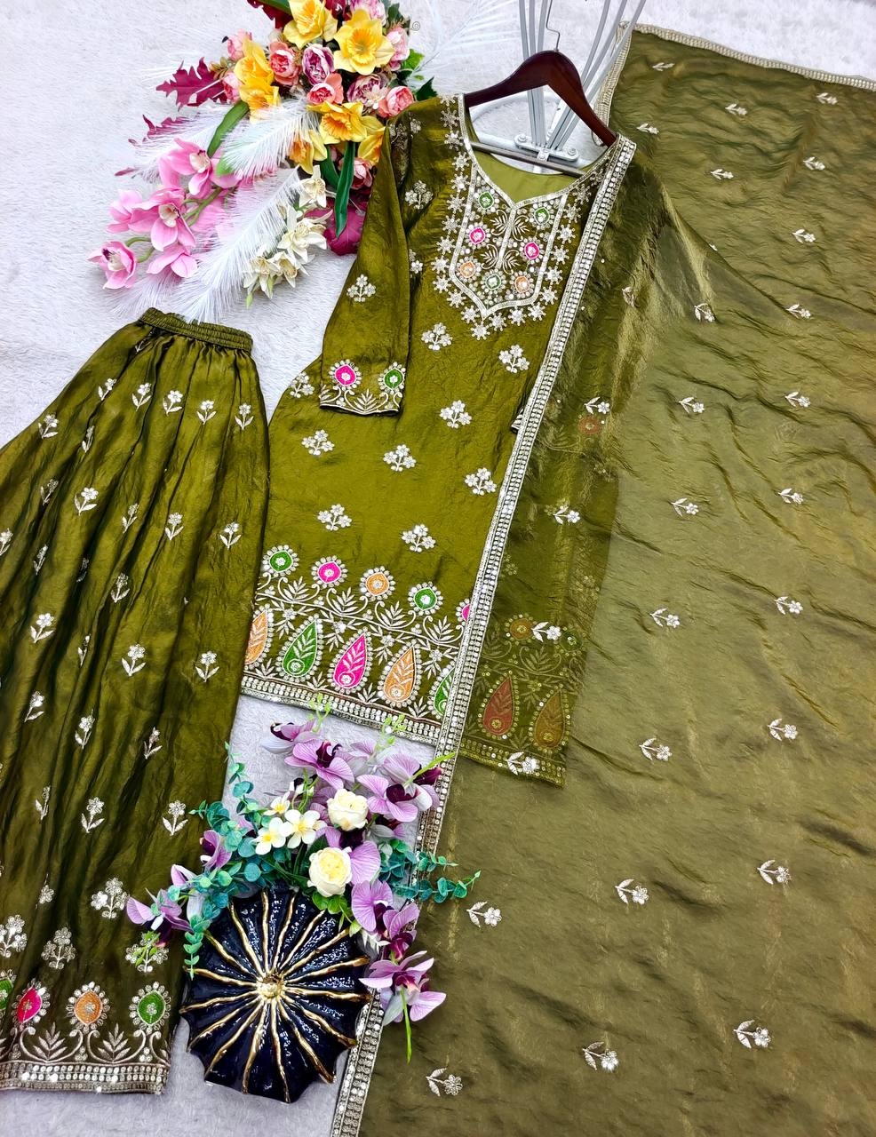 Designer Pure Fendy Silk Sequence Embroidery Work Top, Sharara & Dupatta Set