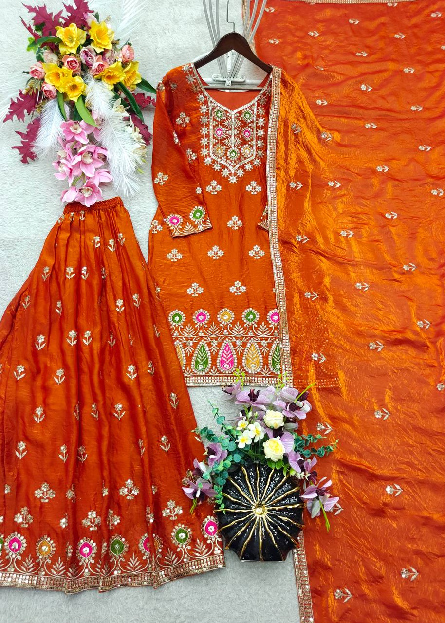 Designer Pure Fendy Silk Sequence Embroidery Work Top, Sharara & Dupatta Set