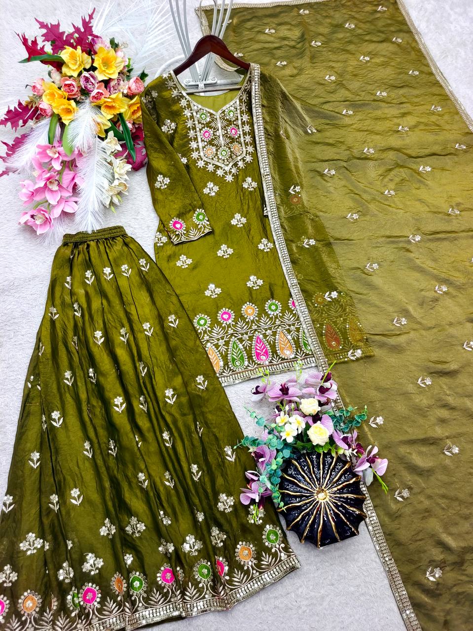 Designer Pure Fendy Silk Sequence Embroidery Work Top, Sharara & Dupatta Set