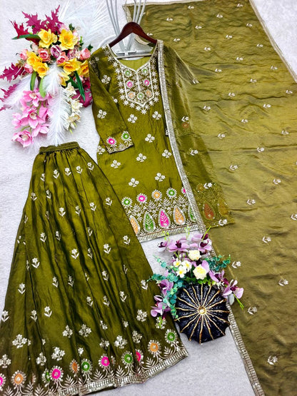 Designer Pure Fendy Silk Sequence Embroidery Work Top, Sharara & Dupatta Set