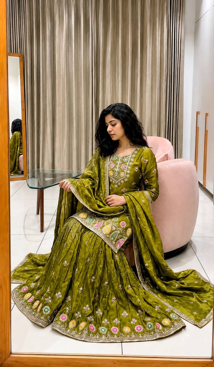 Designer Pure Fendy Silk Sequence Embroidery Work Top, Sharara & Dupatta Set