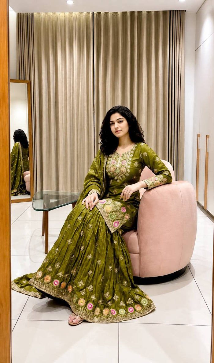 Designer Pure Fendy Silk Sequence Embroidery Work Top, Sharara & Dupatta Set
