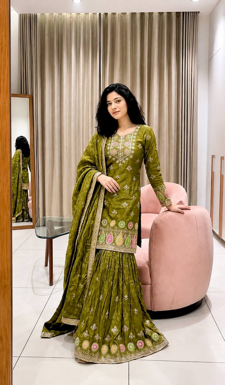 Designer Pure Fendy Silk Sequence Embroidery Work Top, Sharara & Dupatta Set