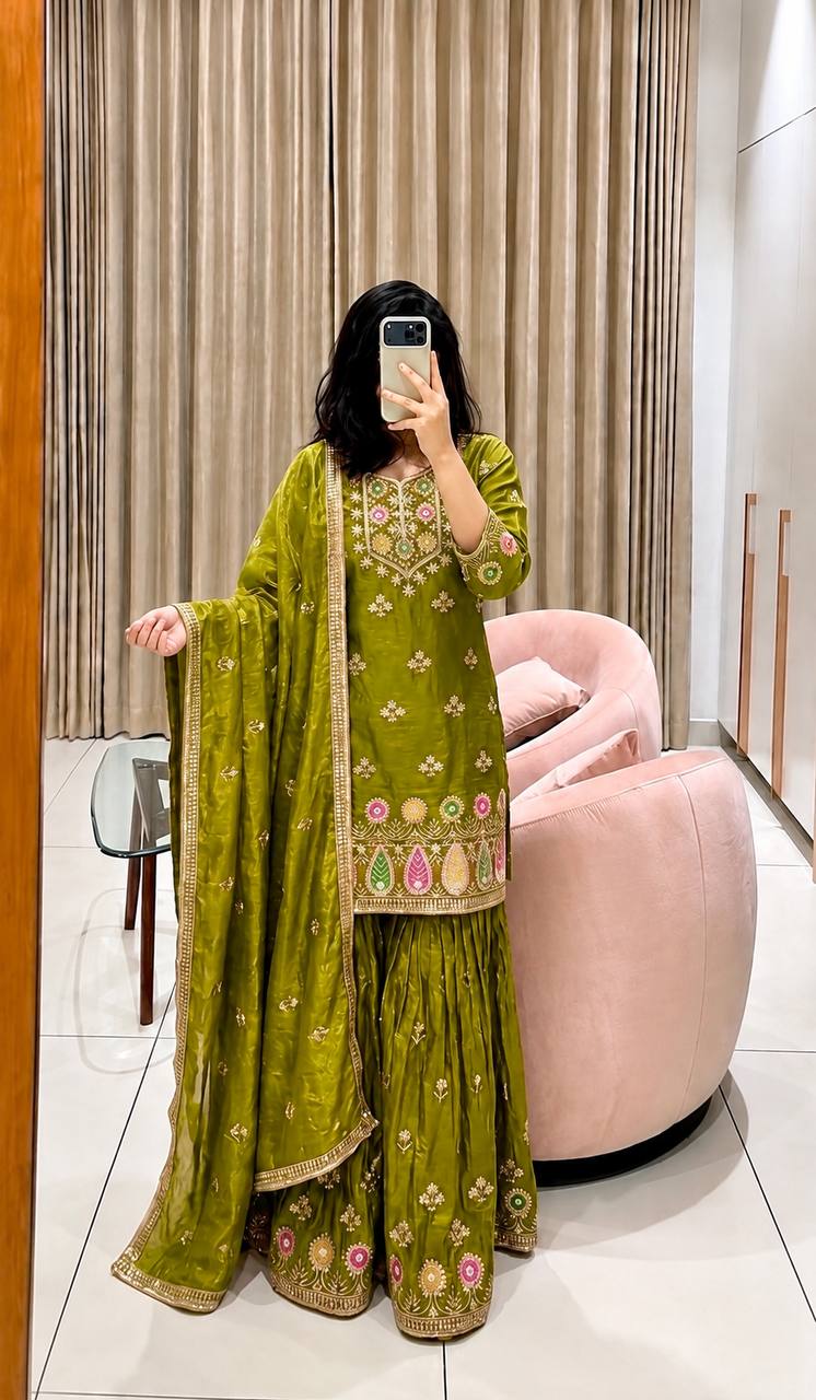 Designer Pure Fendy Silk Sequence Embroidery Work Top, Sharara & Dupatta Set