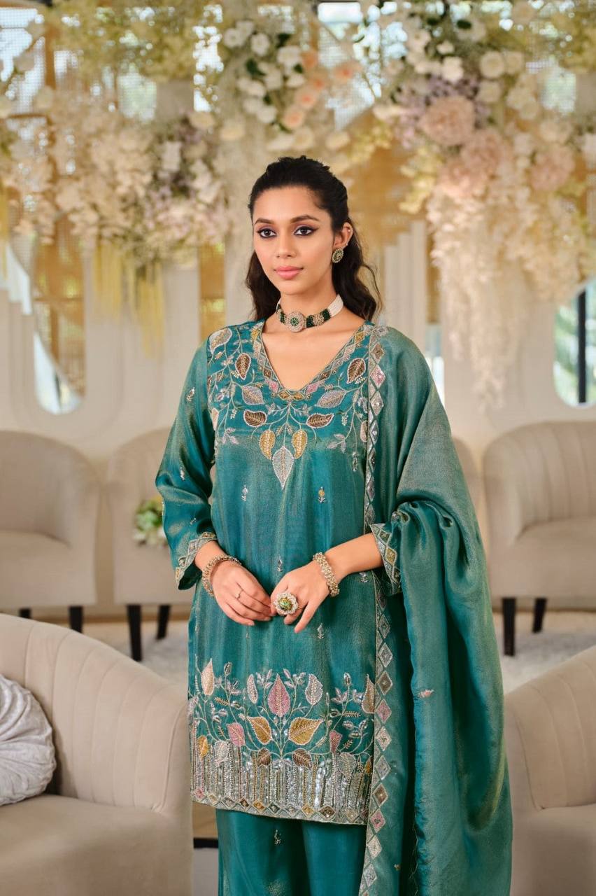 Designer Pure NC Moss Silk Sequence Embroidery Top, Palazzo & Dupatta Set