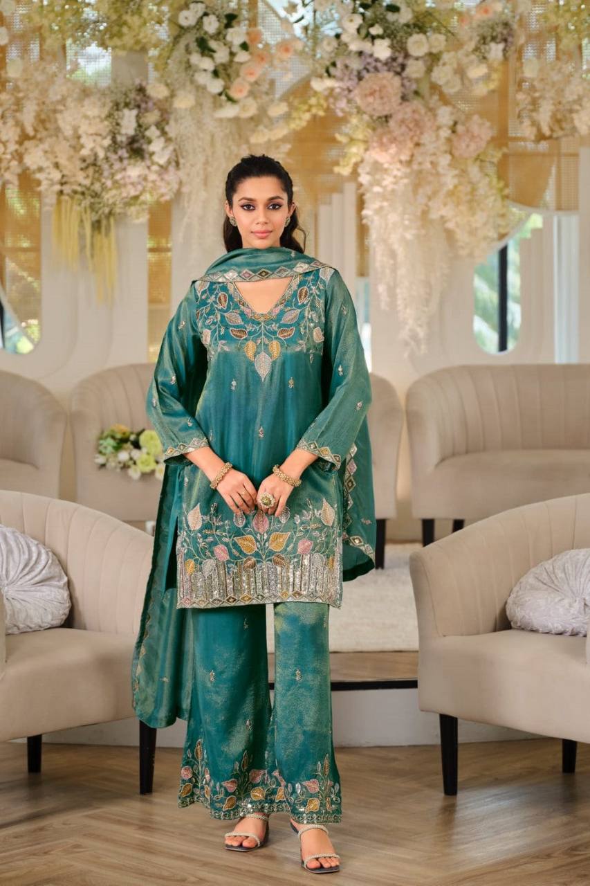 Designer Pure NC Moss Silk Sequence Embroidery Top, Palazzo & Dupatta Set