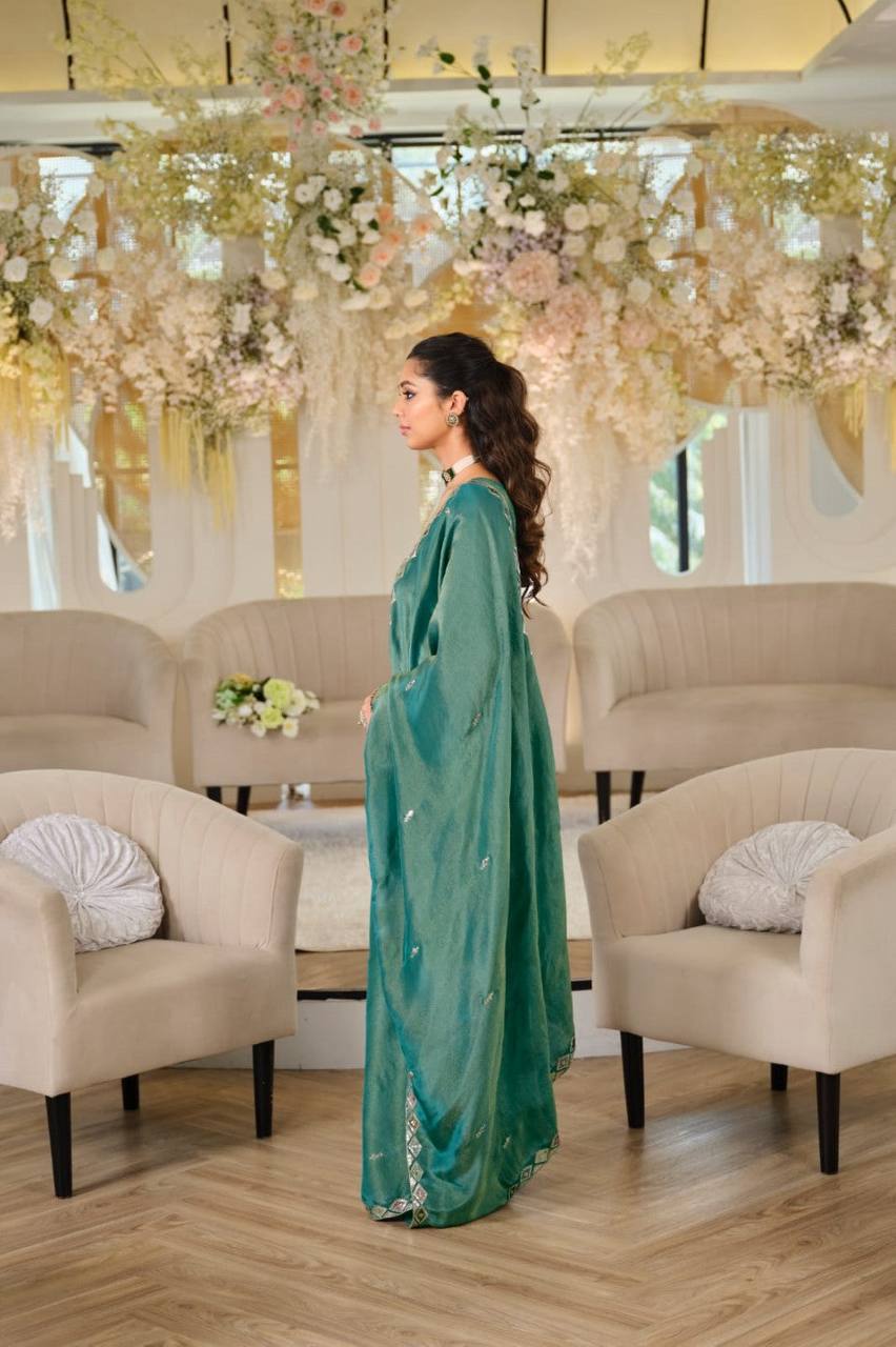 Designer Pure NC Moss Silk Sequence Embroidery Top, Palazzo & Dupatta Set