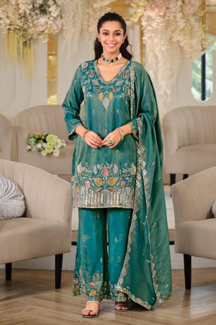 Designer Pure NC Moss Silk Sequence Embroidery Top, Palazzo & Dupatta Set