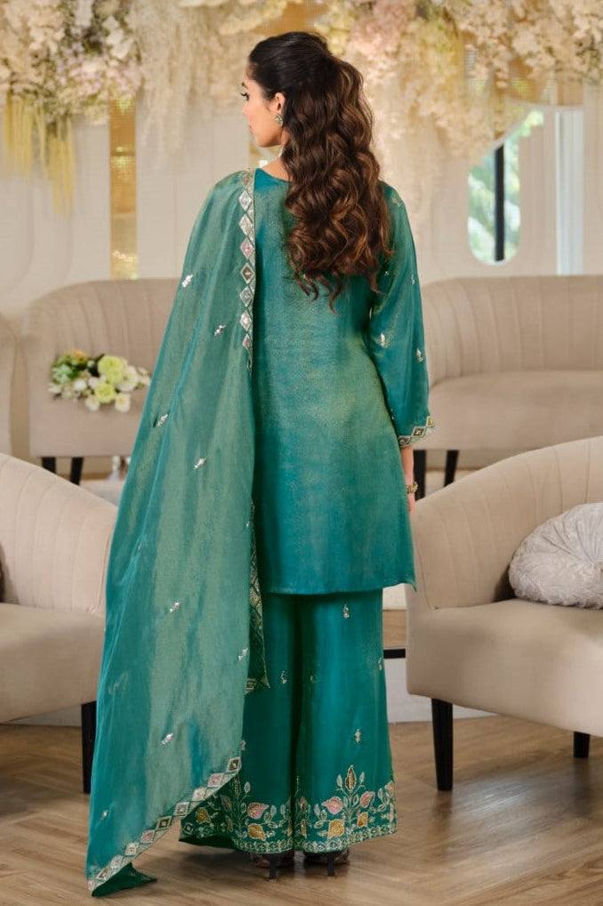 Designer Pure NC Moss Silk Sequence Embroidery Top, Palazzo & Dupatta Set