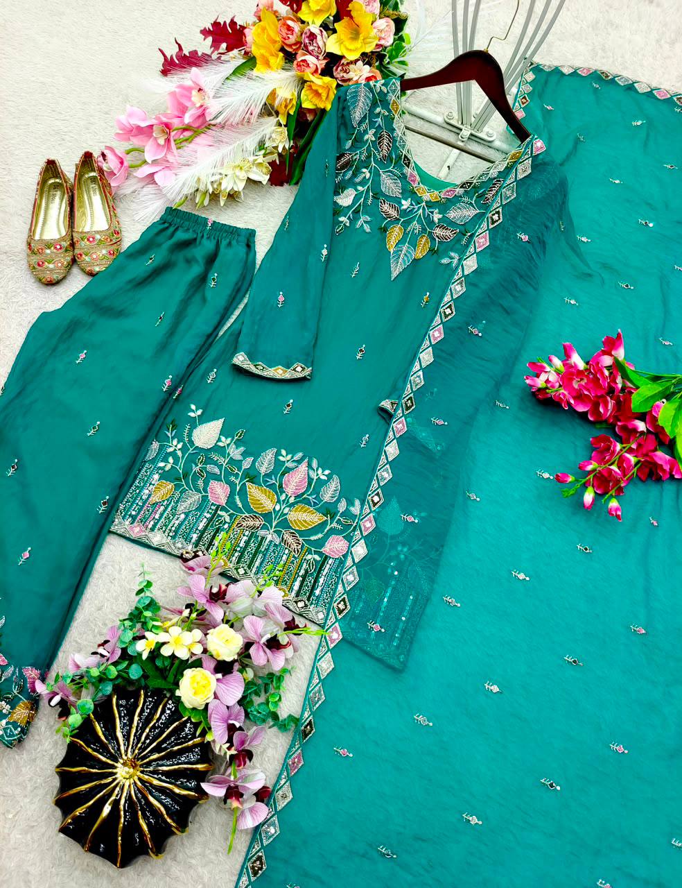 Designer Pure NC Moss Silk Sequence Embroidery Top, Palazzo & Dupatta Set