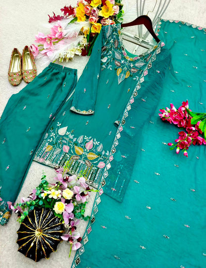 Designer Pure NC Moss Silk Sequence Embroidery Top, Palazzo & Dupatta Set