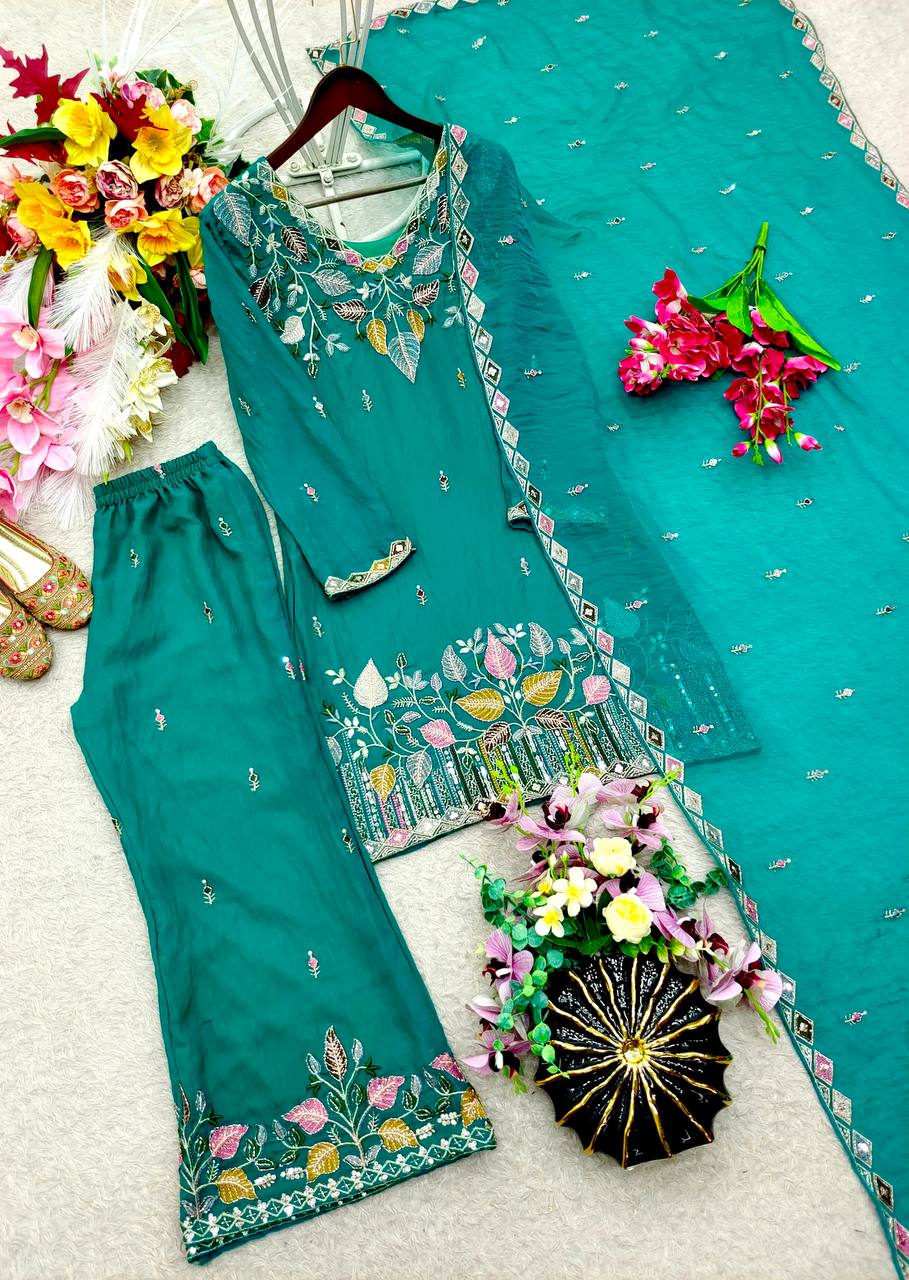 Designer Pure NC Moss Silk Sequence Embroidery Top, Palazzo & Dupatta Set