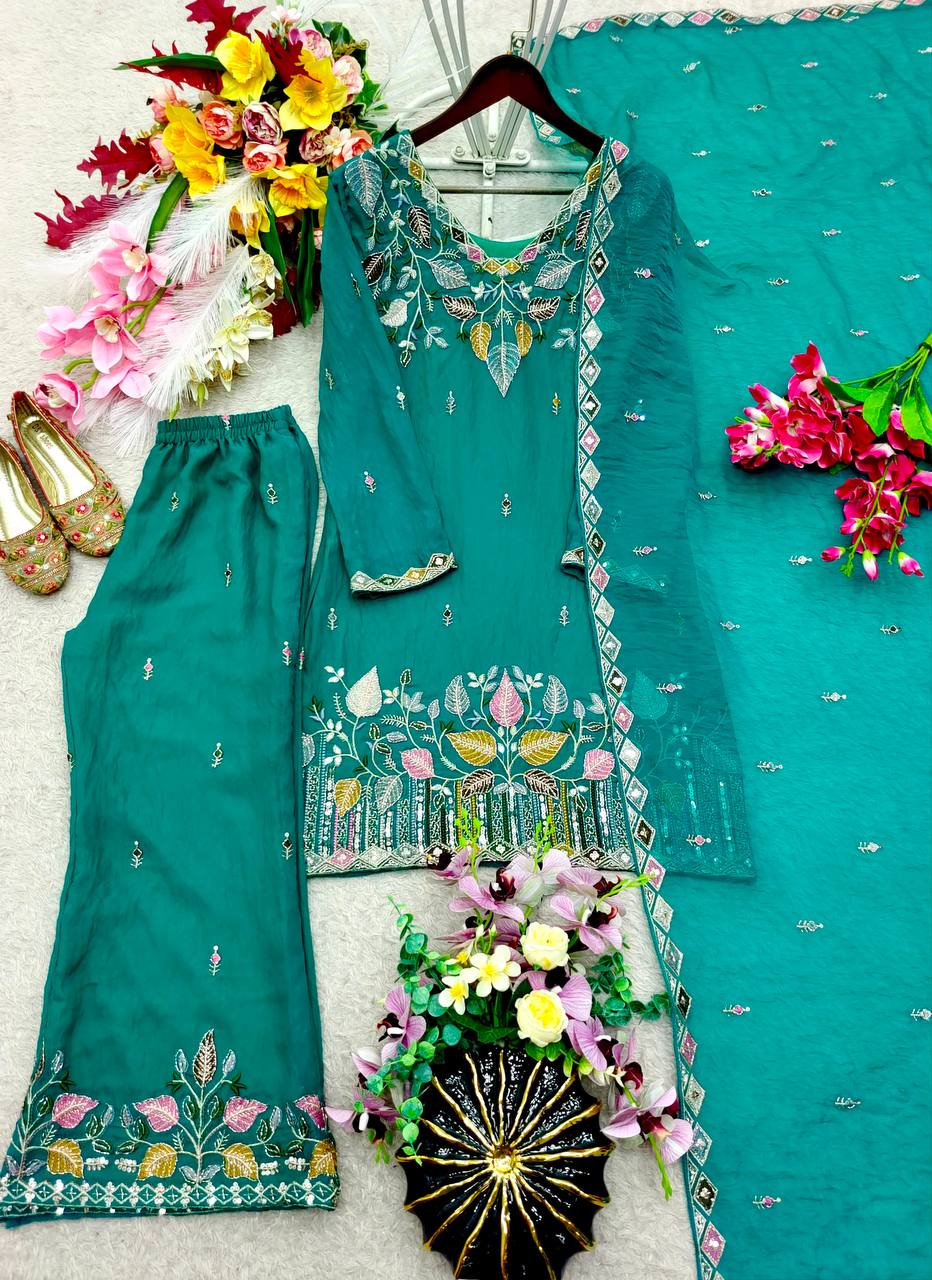Designer Pure NC Moss Silk Sequence Embroidery Top, Palazzo & Dupatta Set
