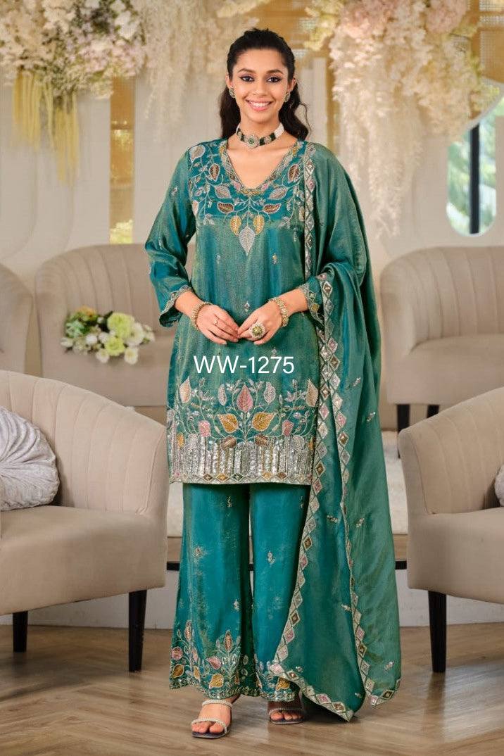 Designer Pure NC Moss Silk Sequence Embroidery Top, Palazzo & Dupatta Set
